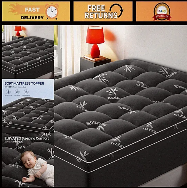 King Size Cooling Bamboo Mattress Topper Quilted Deep Pocket Dark Gray