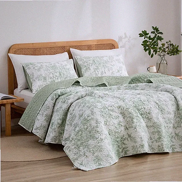 Sleep Cool All Season - Sage Floral Queen Quilt 3 Piece Set